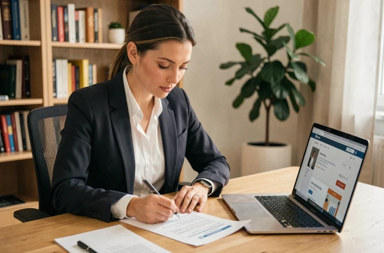 Femme professionnelle révisant son CV à un bureau moderne lors d'une recherche d'emploi active
