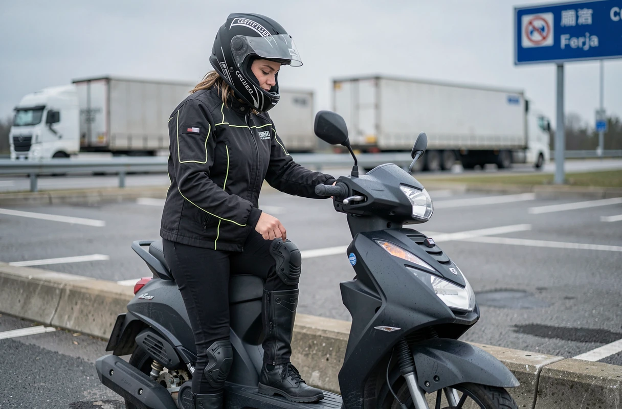 Conductrice de scooter 125 vérifiant le tableau de bord dans une aire d'autoroute avant de reprendre la route