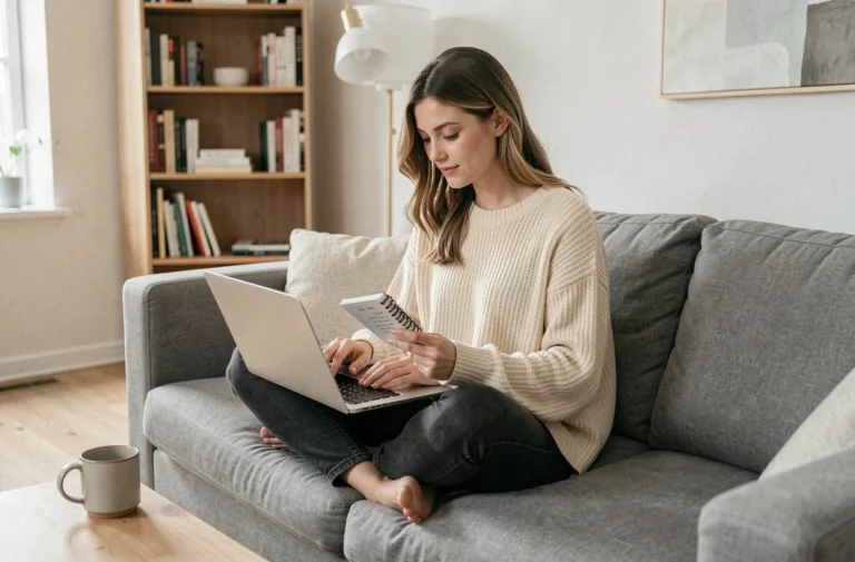 Jeune femme parcourant des tendances mode en ligne sur un ordinateur portable dans un salon scandinave moderne
