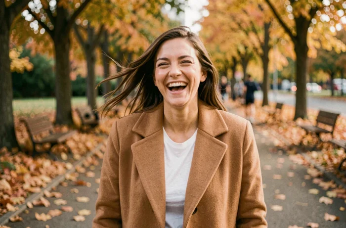 Femme souriante et spontanée dans un parc en automne, dégageant une personnalité attachante et authentique