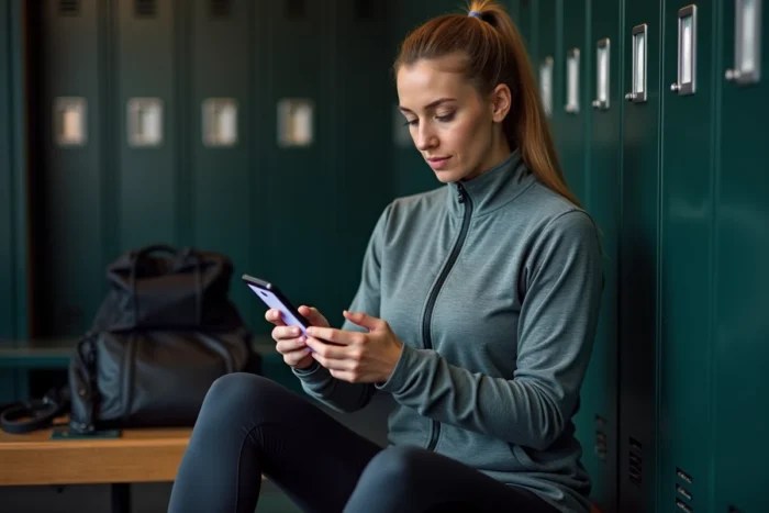 Femme sportive consultant le sitemap d'un site de sport sur son smartphone dans une salle de sport