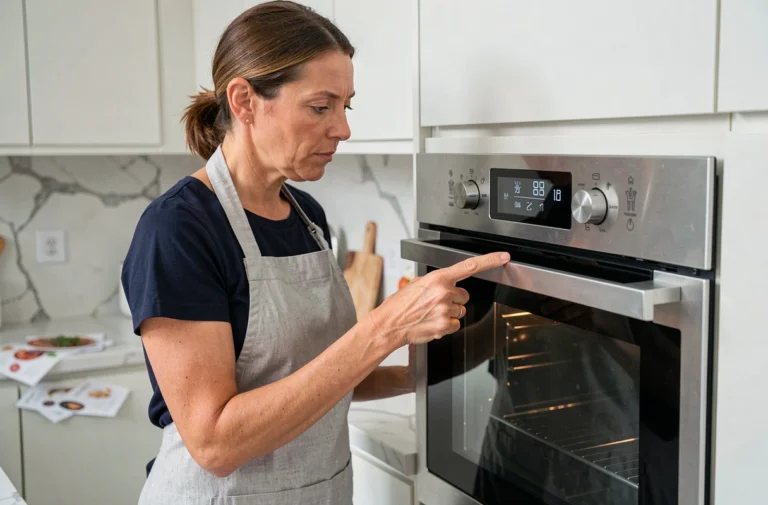 Femme examinant les symboles et pictogrammes du panneau de commande d'un four encastré moderne dans une cuisine contemporaine