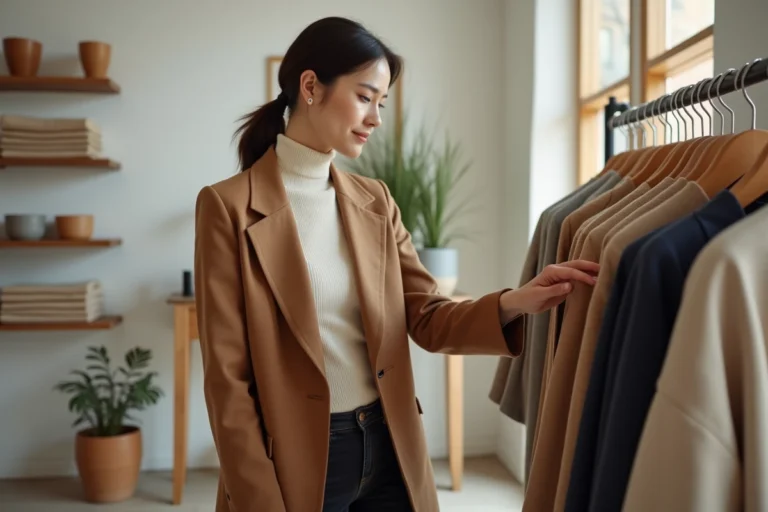 Femme stylée en manteau camel faisant du shopping dans une boutique de mode minimaliste