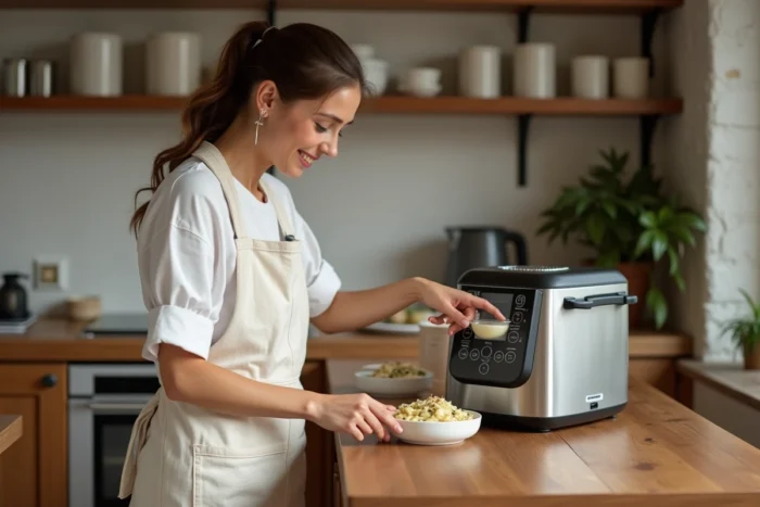Femme utilisant un robot cuiseur multifonction pour préparer une sauce crémeuse dans une cuisine chaleureuse