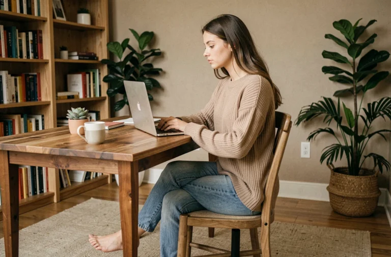 Jeune femme travaillant sur son ordinateur portable à domicile, pieds nus posés sur le sol, illustrant la vente légale de contenu photo de pieds en France