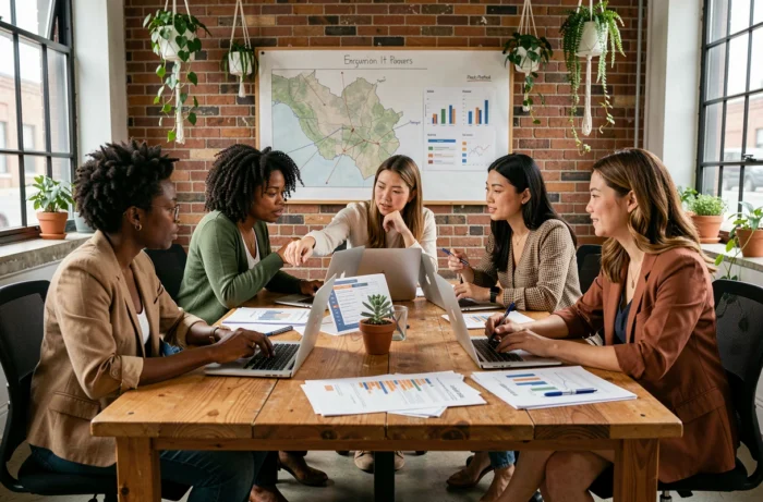 Groupe de femmes de diverses origines collaborant autour d'une table dans un espace de coworking, illustrant la solidarité féminine et l'action collective
