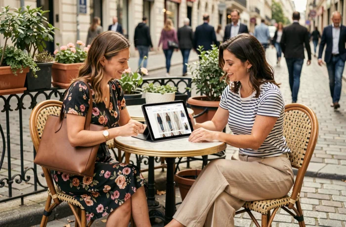 Deux femmes découvrant des bons plans shopping mode en ligne sur une tablette en terrasse de café parisien