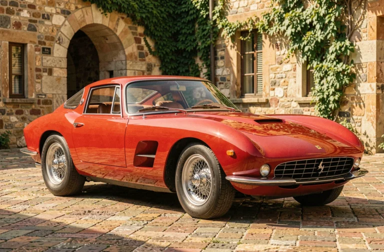 Ferrari 250 GT rouge de collection garée dans une cour en pierre toscane, vue trois quarts avant