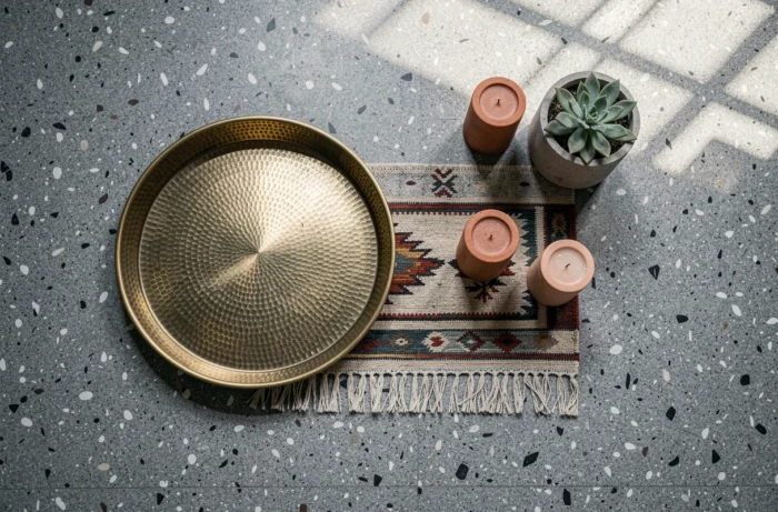 Composition flat lay d'objets décoratifs du monde entier sur sol en terrazzo dans un loft urbain