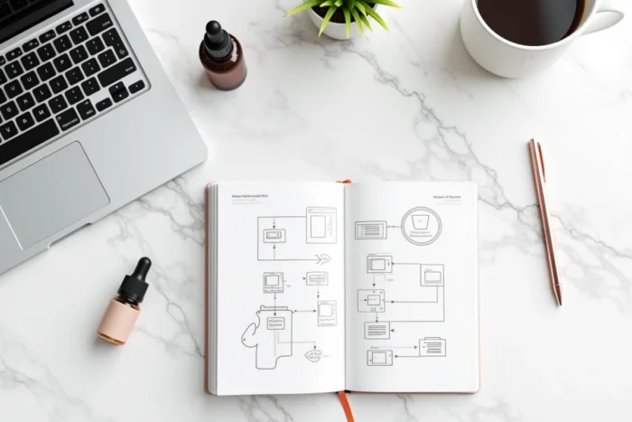 Vue aérienne d'un bureau avec un sitemap XML ouvert sur laptop entouré d'accessoires de design et de produits de beauté