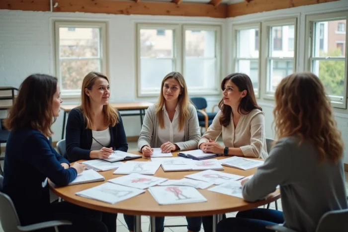 Un groupe de femmes en formation doula participe à un atelier pratique autour d'une table, représentant le cursus collectif pour devenir doula en France