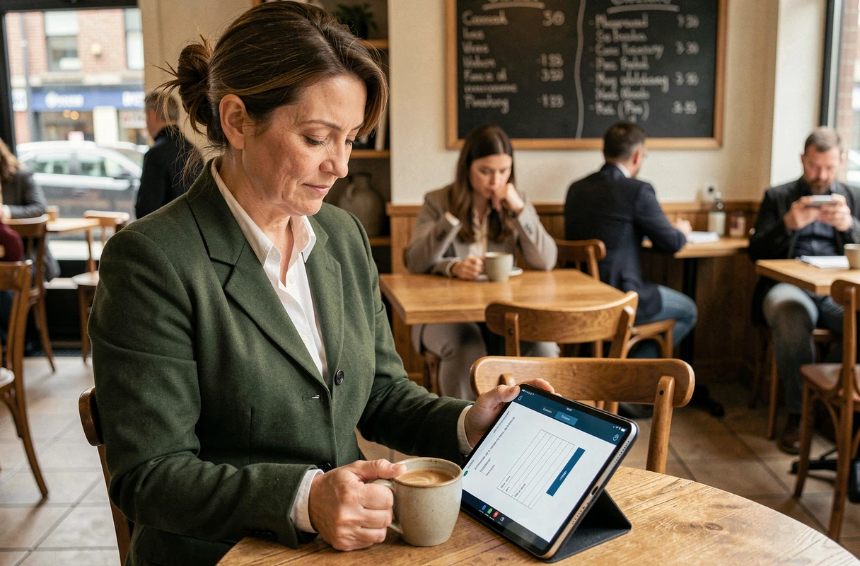 Femme remplissant un formulaire de contact sur une tablette dans un café
