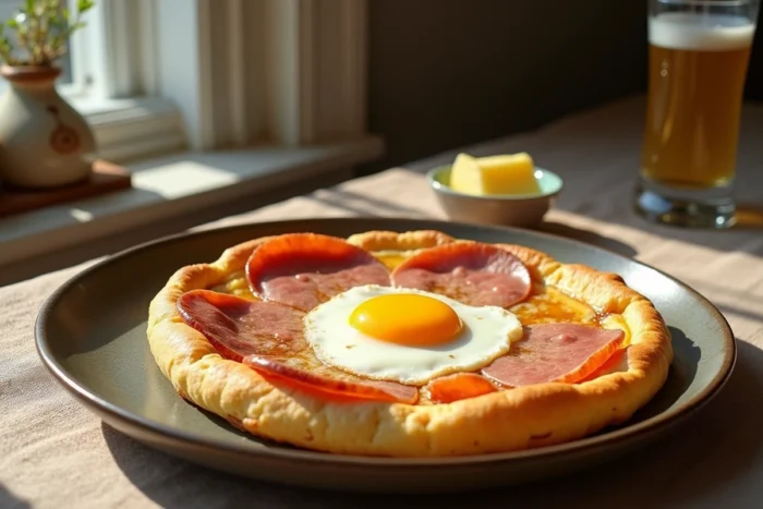 Galette bretonne complète garnie d'un œuf, jambon et fromage fondu servie sur une assiette en céramique artisanale avec cidre breton