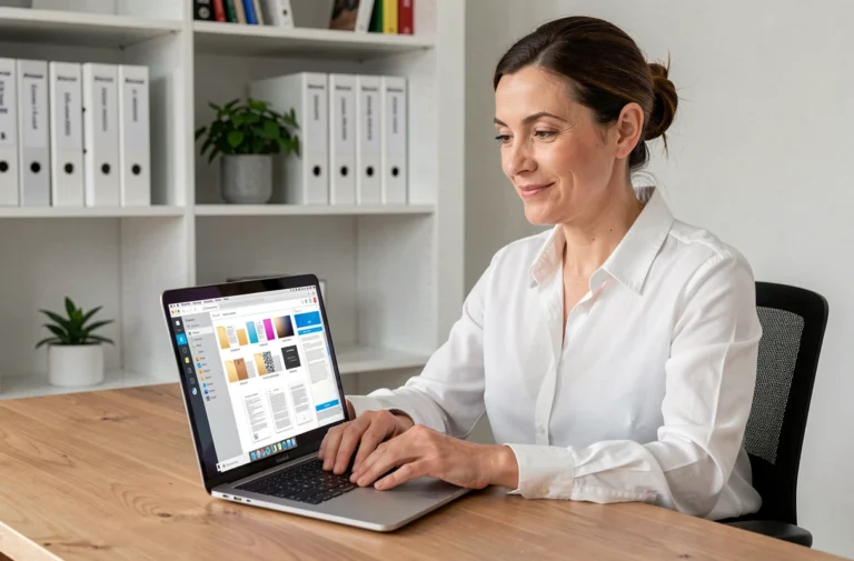 Femme professionnelle gérant ses documents numériques sur un portail en ligne depuis son bureau à domicile