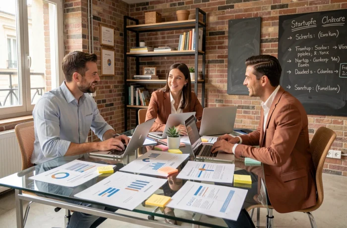 Équipe de trois entrepreneurs discutant d'un plan d'affaires autour d'une table dans un espace de coworking français
