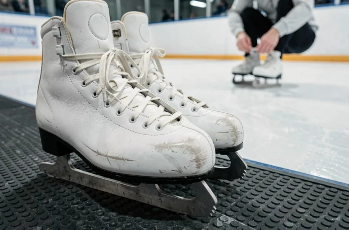Gros plan sur des patins à glace blancs au bord d'une patinoire à Lyon