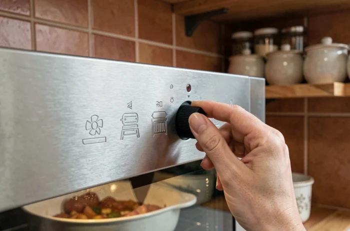 Gros plan sur les pictogrammes de cuisson d'un four en acier inoxydable avec une main réglant le sélecteur de mode