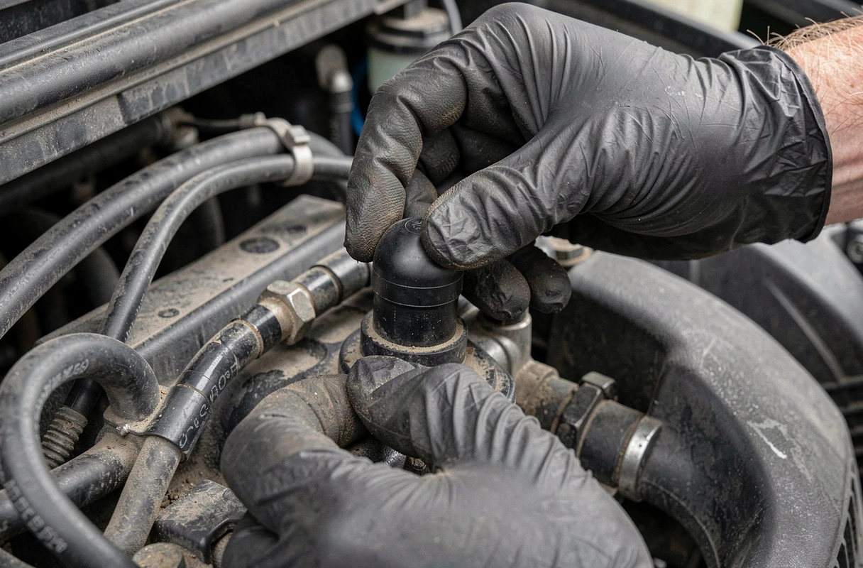 Gros plan sur la pompe d'amorçage manuelle du filtre à gasoil d'une Peugeot 308 HDi