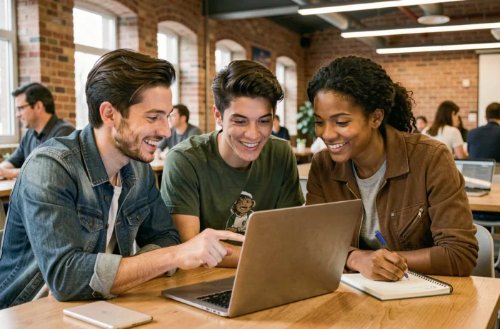 Groupe de jeunes professionnels collaborant sur une recherche d'emploi dans un espace de coworking