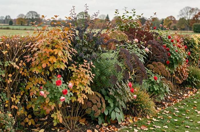 Haie champêtre mixte composée d'aubépine, de sureau et d'églantier en limite de jardin résidentiel