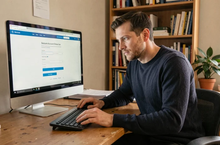 Homme accédant à son compte Arkevia depuis un bureau à domicile sur ordinateur de bureau