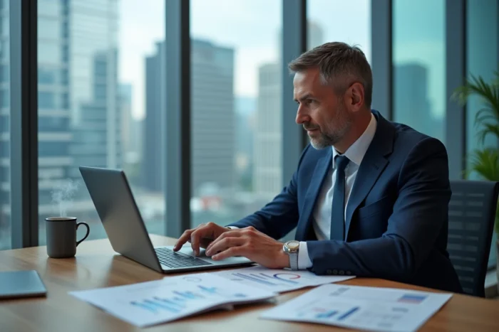 Homme d'affaires analysant des graphiques financiers sur un ordinateur portable dans un bureau moderne avec vue sur la ville