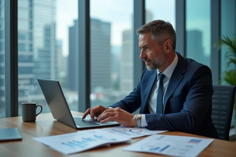 Homme d'affaires analysant des graphiques financiers sur un ordinateur portable dans un bureau moderne avec vue sur la ville