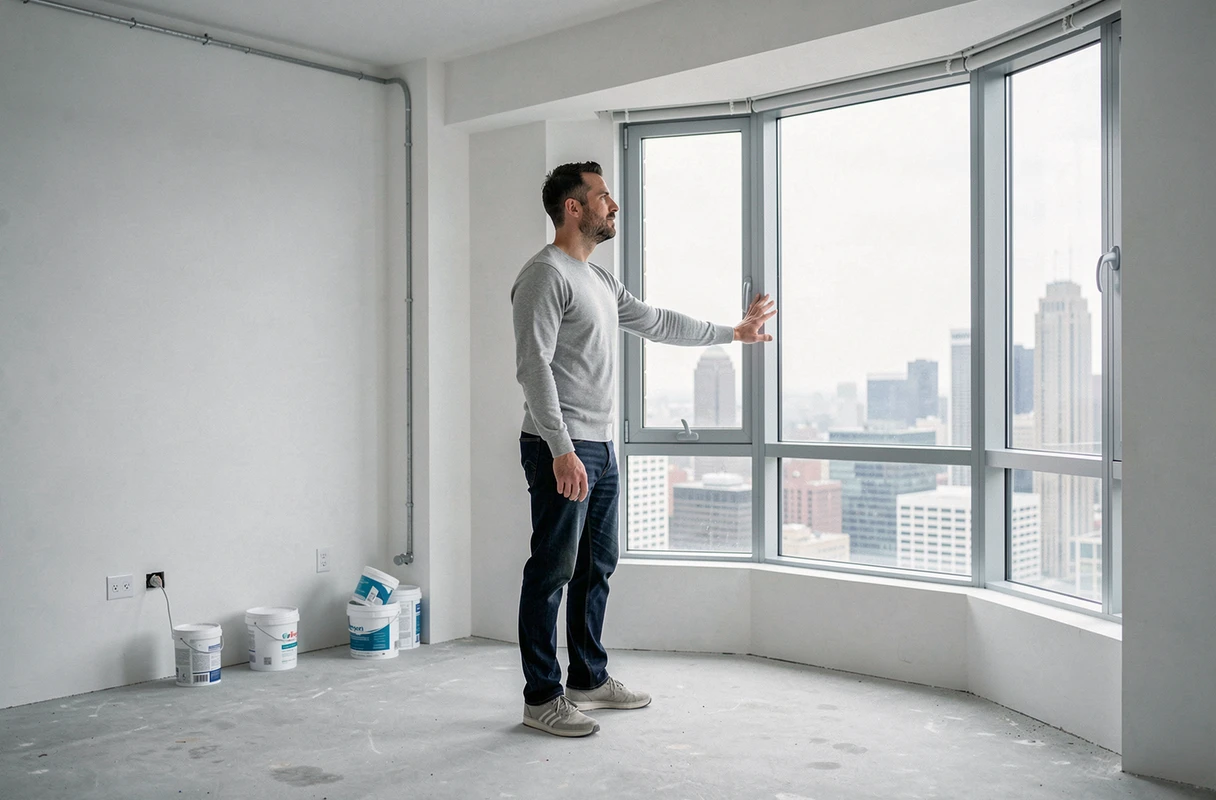 Un homme contemple la vue depuis un appartement vide en cours de rénovation, symbolisant un nouveau projet immobilier