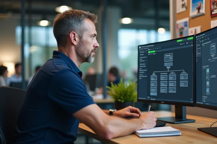 Homme en bureau consultant le sitemap d'un site sportif sur un double écran d'ordinateur