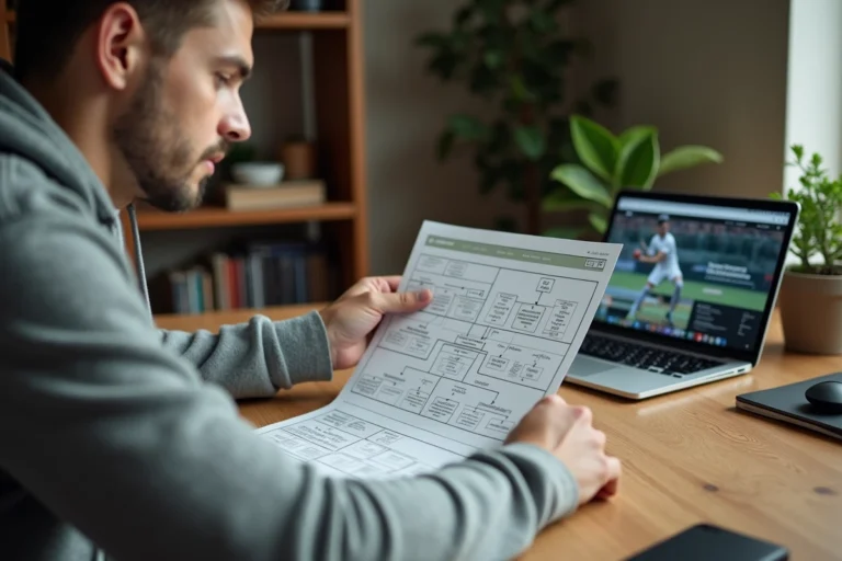 Homme consultant un sitemap imprimé d'un site sportif à son bureau à domicile