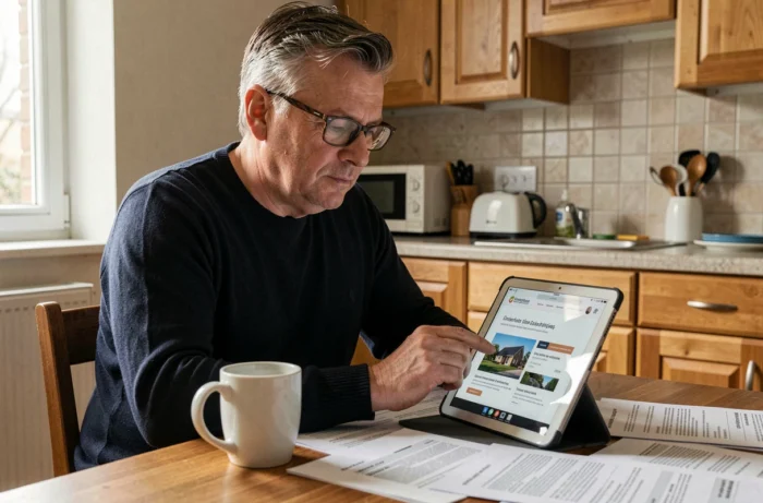 Homme analysant un contrat de logement sur tablette à domicile, symbolisant la méfiance envers les sociétés immobilières