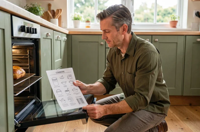Homme consultant un guide illustré des symboles de four tout en surveillant la cuisson d'un plat dans un four ouvert