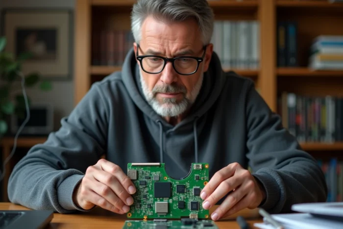 Homme passionné d'informatique inspectant une carte mère de laptop dans un bureau maison équipé