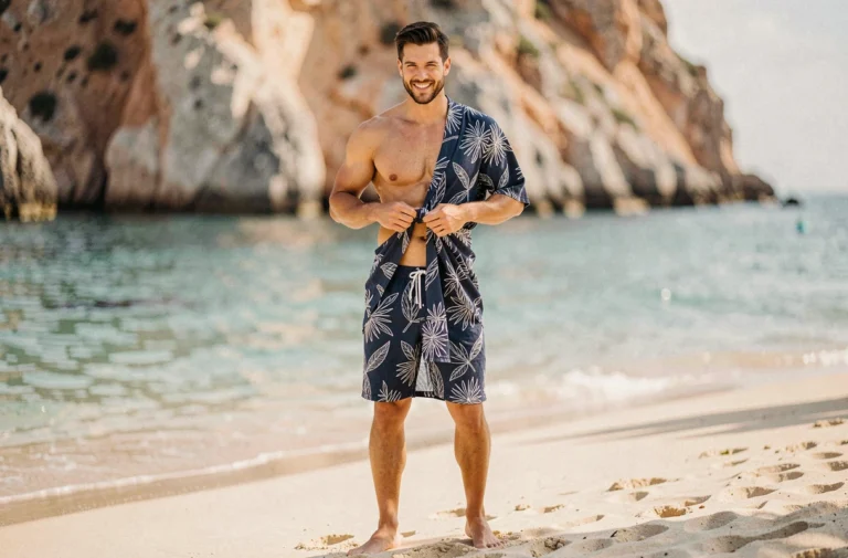 Homme en paréo bleu marine noué à la taille sur une plage méditerranéenne ensoleillée
