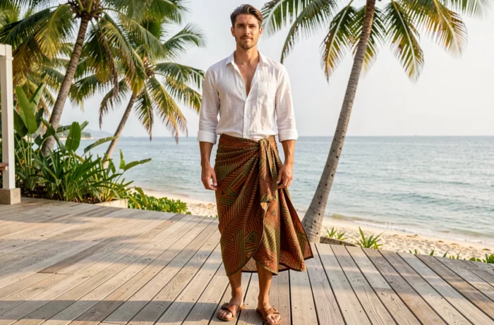 Homme portant un paréo à imprimé géométrique avec une chemise en lin blanche sur une terrasse de resort tropical