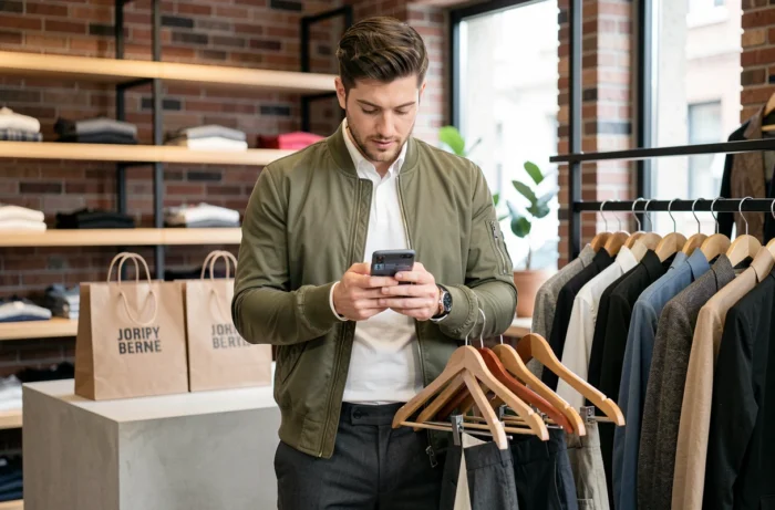 Homme consultant une application de shopping mode sur smartphone dans une boutique tendance