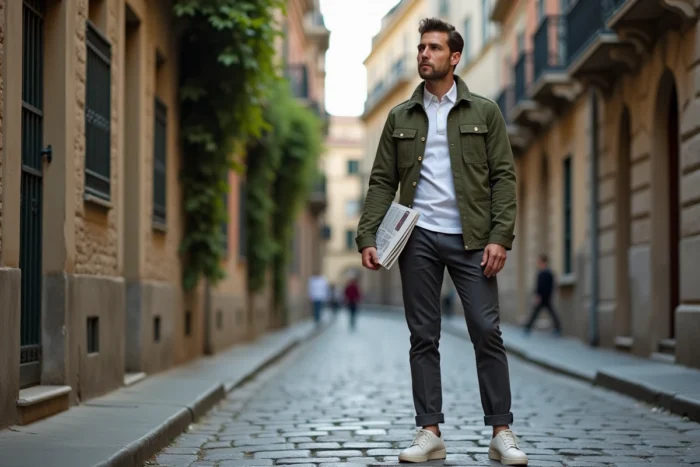 Homme élégant en veste chore jacket olive dans une rue pavée d'un quartier européen