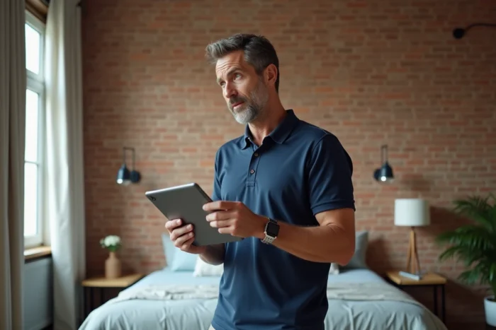 Hôte masculin inspecte un appartement de location saisonnière avec une tablette à la main, illustrant la gestion et la vérification d'un logement Airbnb