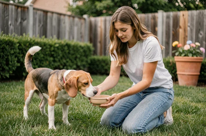 Jeune femme donnant de l'eau à son beagle dans un jardin verdoyant lors d'une routine de soin quotidienne