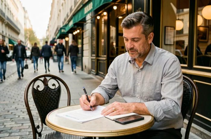 Entrepreneur masculin remplissant des formulaires administratifs d'immatriculation d'entreprise en terrasse d'un café parisien