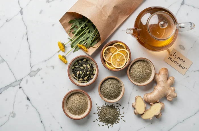 Vue aérienne des ingrédients d'une tisane minceur aux plantes sur marbre blanc