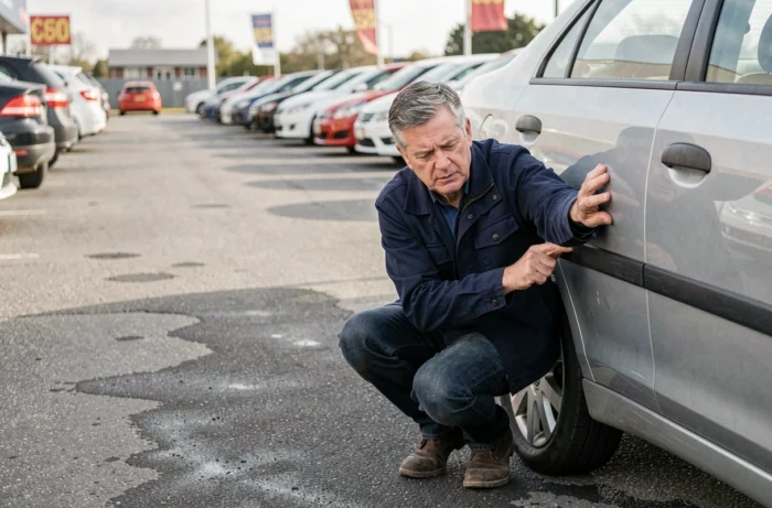 Homme inspectant la carrosserie d'une voiture d'occasion dans un parc automobile