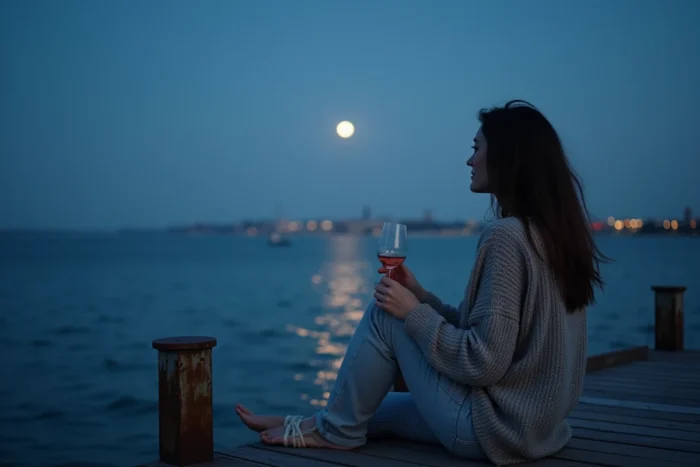 Femme seule assise sur une jetée en bois à Arcachon au crépuscule contemplant la baie et la dune du Pilat