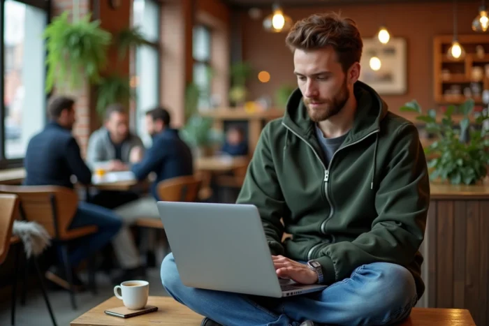 Jeune entrepreneur travaillant sur son ordinateur portable dans un café coworking branché et inspirant
