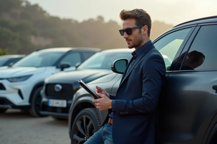 Journaliste automobile masculin lors d'un événement presse extérieur avec un SUV noir mat en arrière-plan