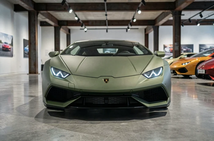 Lamborghini Huracán vert mat exposée dans une galerie automobile contemporaine au sol en béton poli
