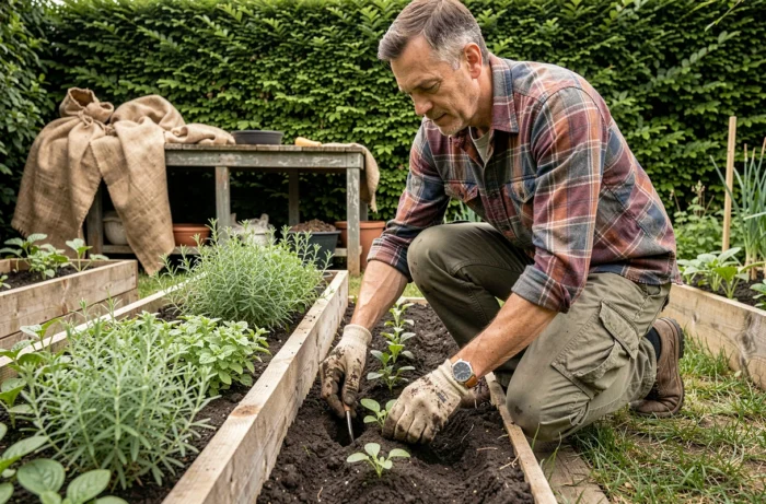 Homme jardinant dans un potager maison, loisir pratique et ressourçant en plein air au quotidien