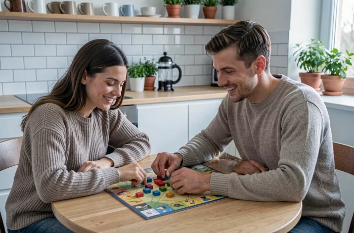 Deux amis jouant à un jeu de société autour d'une table de cuisine, idée de loisir convivial à la maison