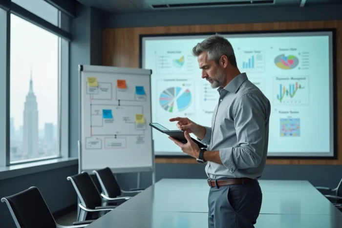 Manager présentant les modules de gestion ERP Dynamics NAV lors d'une réunion d'entreprise