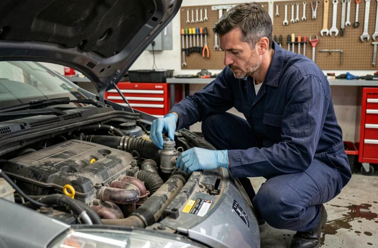 Mécanicien en combinaison de travail inspectant la pompe à gasoil d'une Peugeot 308 HDi dans un garage privé